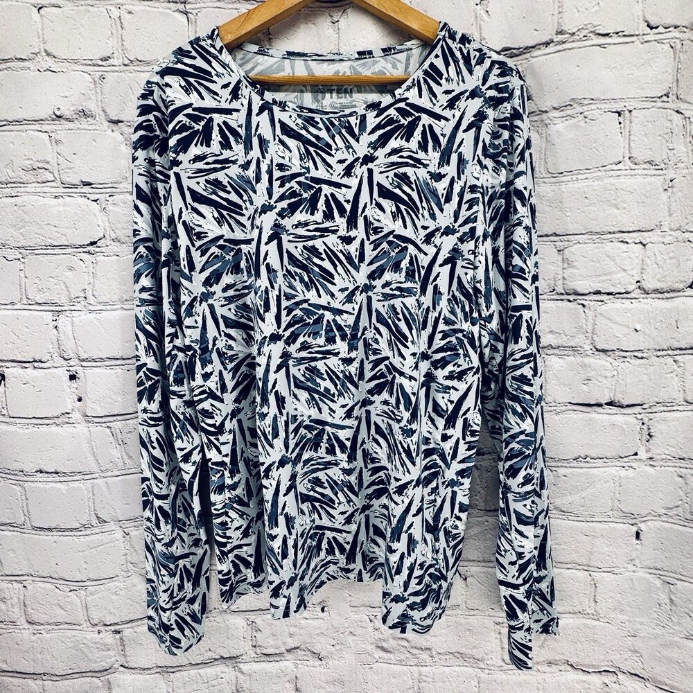 Hang Ten Rash Guard Top Women’s XXL Blue White Sun Tee Shirt Swim Zip Pockets